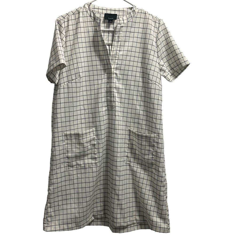 Women’s Black & White Abstract Window Pane Shift Dress with front Pockets Size M